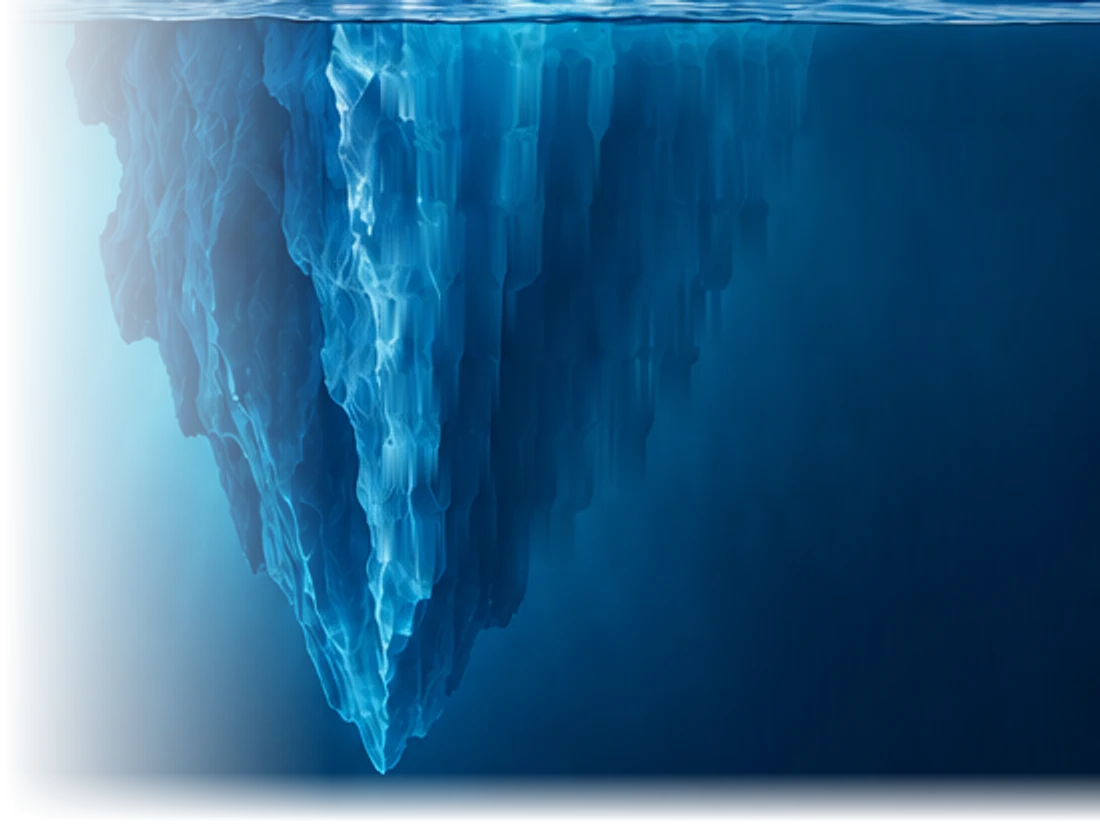 The same iceberg below the waterline: a far larger mass of ice descending into deep water.