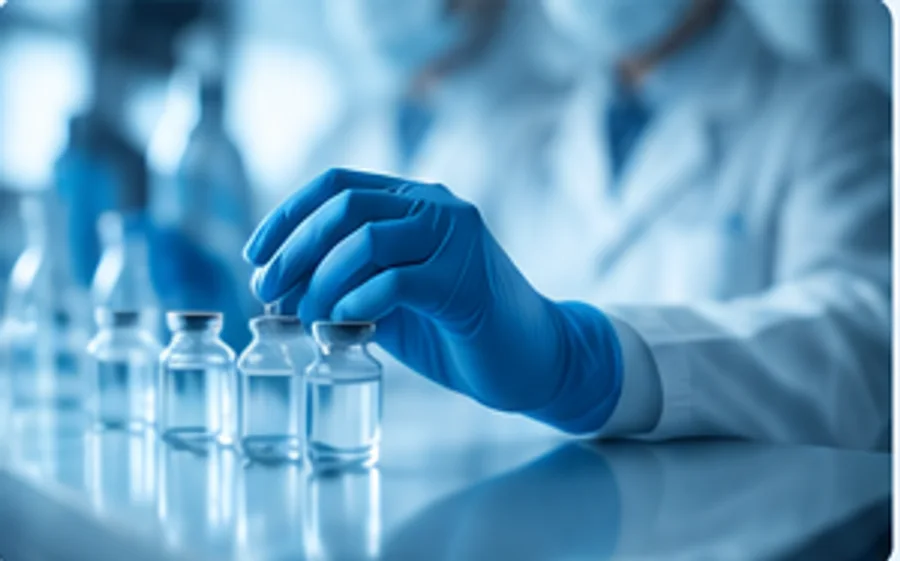 A gloved hand in a laboratory reaching for one of a row of small clear glass vials.